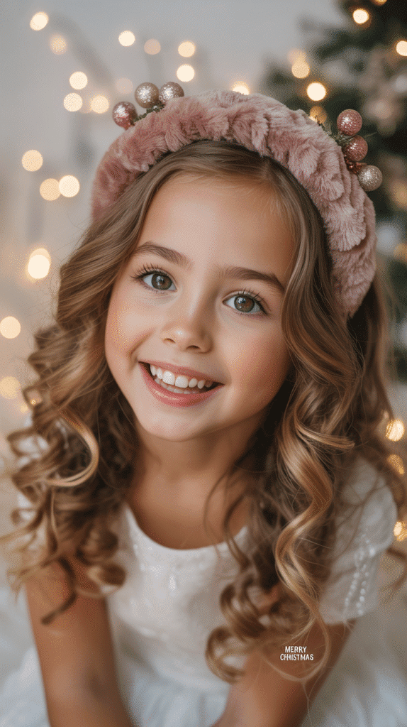 30 Cute Christmas Party Hairstyles for Kids That Are Adorable 18 Crown of Curls with Headband