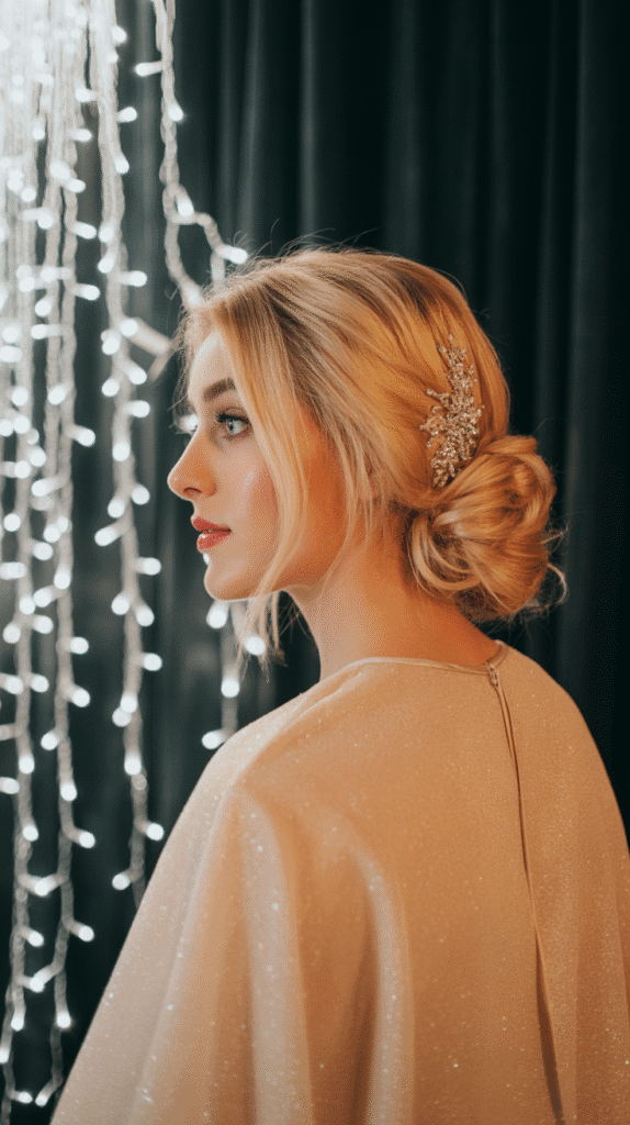 30 Easy Christmas Party Hairstyles for Medium Hair That Save Time 7 Twisted Side Bun with Sparkly Accessories