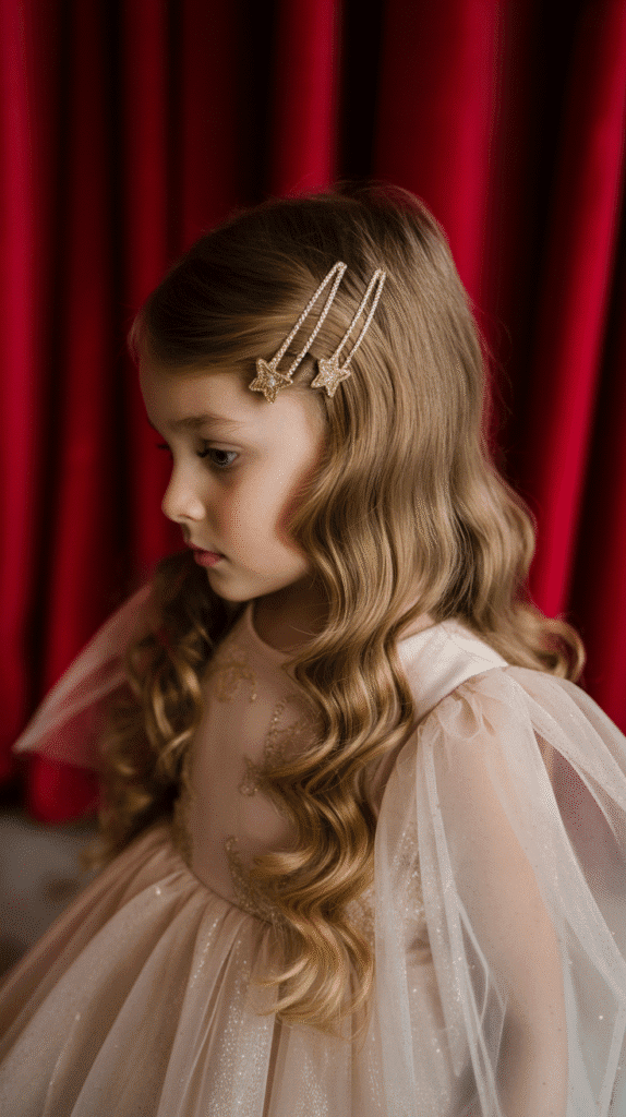 30 Cute Christmas Party Hairstyles for Kids That Are Adorable 19 Side-Swept Waves with Star Clips