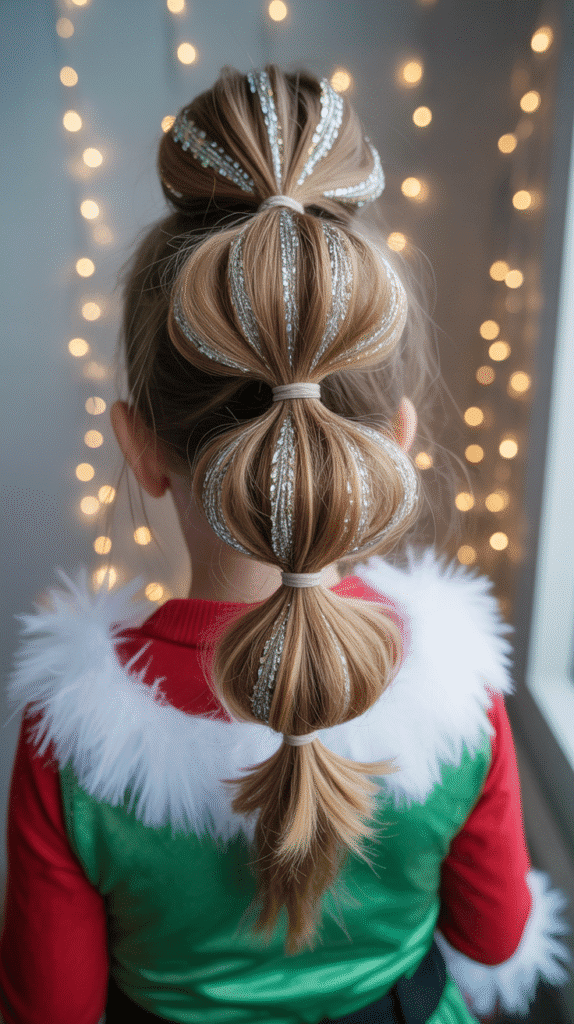 25 Cute Christmas Elf Hairstyles to Rock This Holiday Season 13 Bubble Ponytail with Tinsel
