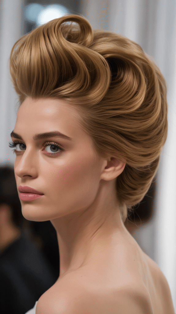 27 Elegant Whimsical Updo Hairstyles to Elevate Your Look 16  Voluminous Pompadour Updo