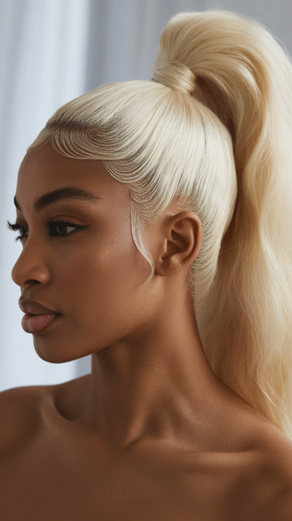 30 Gorgeous Blonde Wig Hairstyles for Black Women You Need to Try 22 Platinum Blonde Slicked Back Ponytail