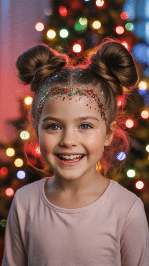 25 Cute Christmas Elf Hairstyles to Rock This Holiday Season 5 Space Buns with Glitter Roots