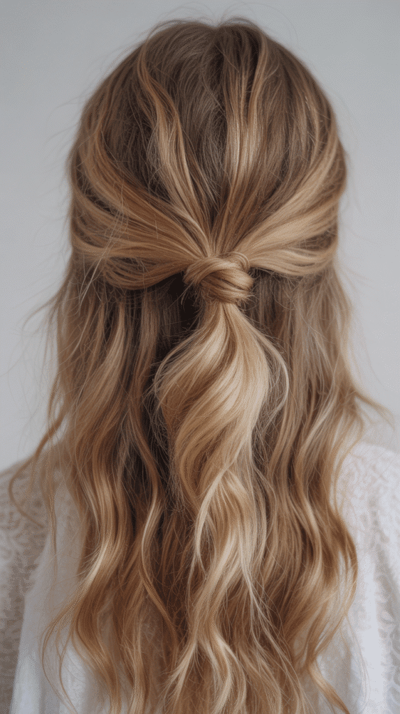 27 Easy Hairstyles for Long Hair for School That Are Cute and Quick 24 Knotted Half-Up Style