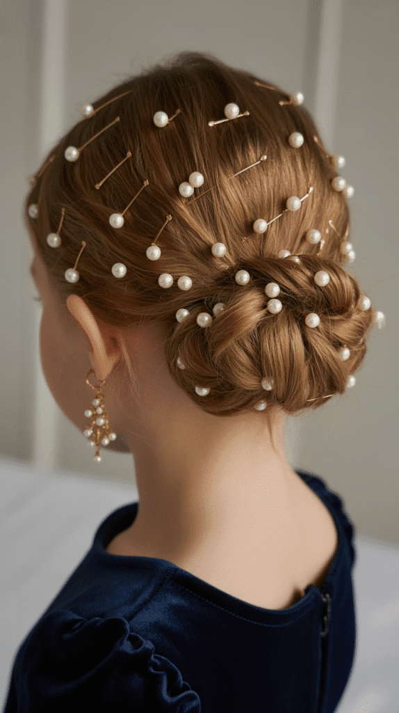 25 Adorable Christmas Hairstyles for Kids That Spark Holiday Joy 25 Elegant Christmas Updo with Pearls