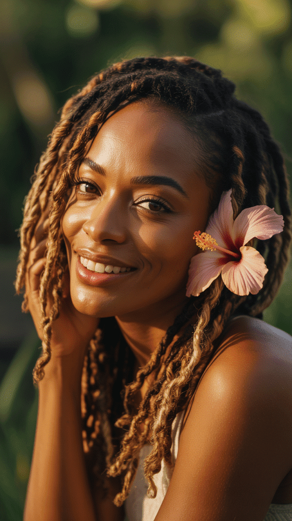 30 Beautiful Medium Dreadlock Styles for Black Women That Stand Out 3 Colored Medium Locs with Honey Blonde Highlights