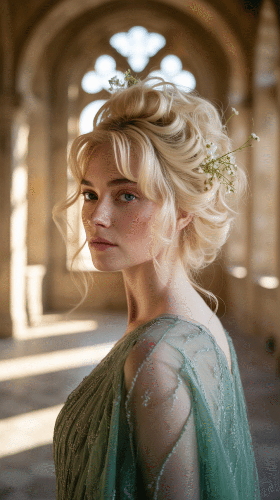 33 Gorgeous Medieval Hairstyles for Blonde Princesses 31 The Medieval Updo with Escaping Tendrils