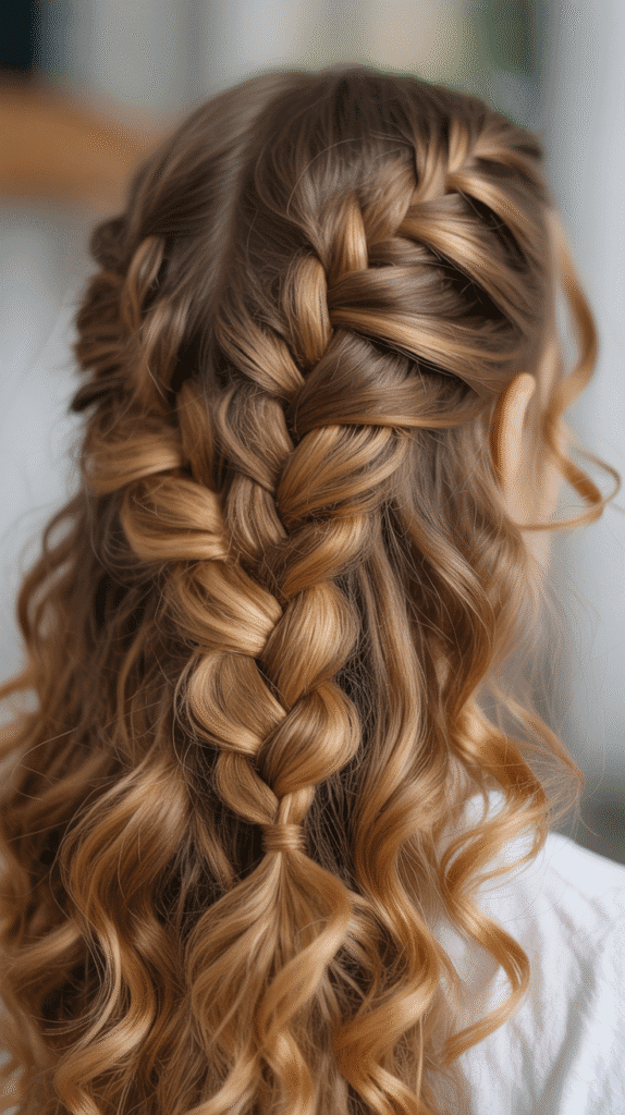 33 Stunning Curly Half-Up Half-Down Hairstyles 9 Curly Half-Up with Fishtail Braid Accent