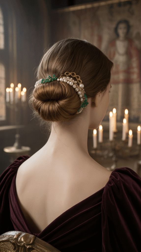 27 Elegant Medieval Updo Hairstyles for Princesses 2 The Jeweled Coiled Bun