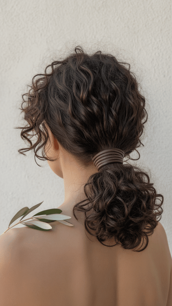 33 Trendy French Hairstyles for Curly Hair That Embrace Natural Beauty 7 Low Ponytail with Wrapped Curl