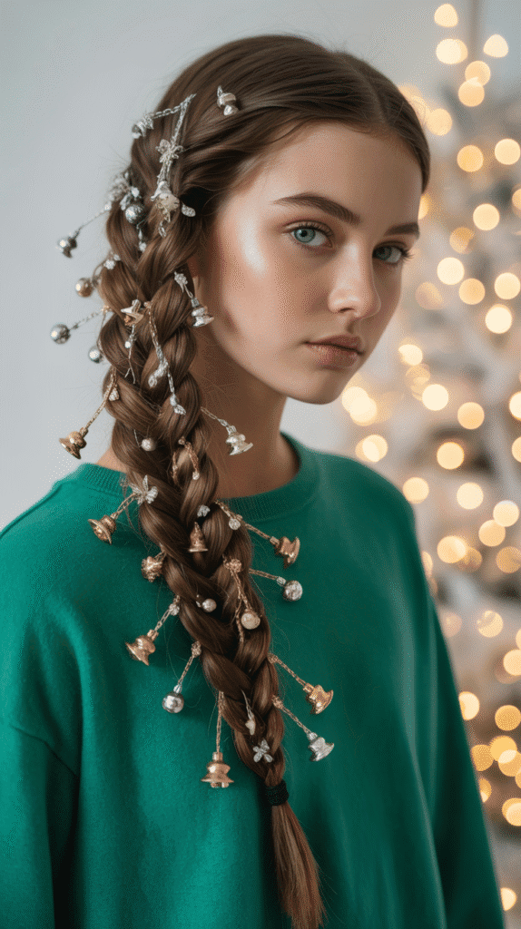 30 Cute Christmas Hairstyles for Girls Perfect for Holiday Parties 20 Asymmetrical Side Braid with Ornament Dangles
