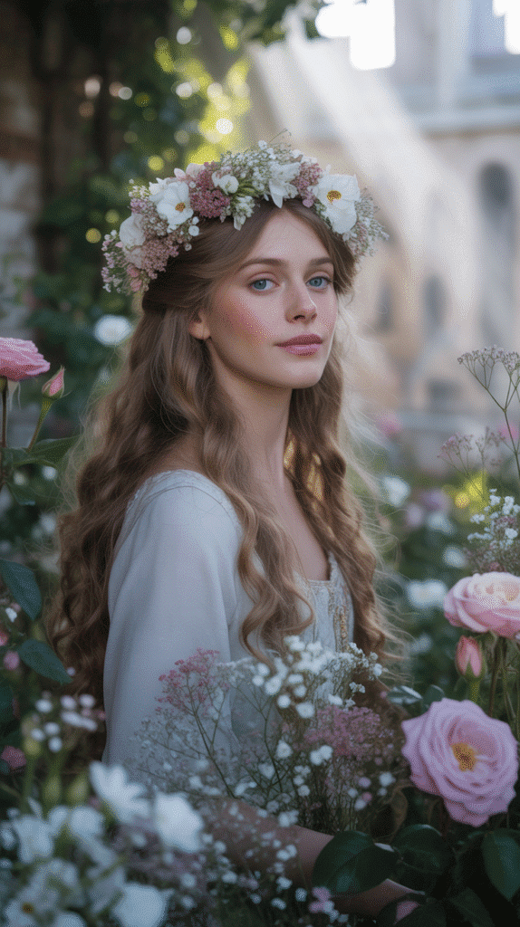 30 Fairytale-Inspired Medieval Hairstyles for Princesses 6 The Floral Crown Halo