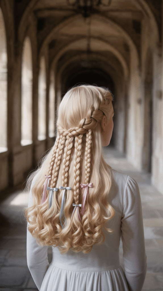 33 Gorgeous Medieval Hairstyles for Blonde Princesses 26 Layered Braids with Flowing Ends