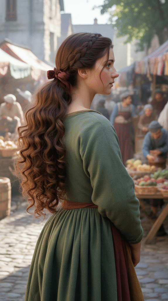 30 Romantic Medieval Hairstyles for Princesses with Curls 14 The Medieval Ponytail with Braided Base
