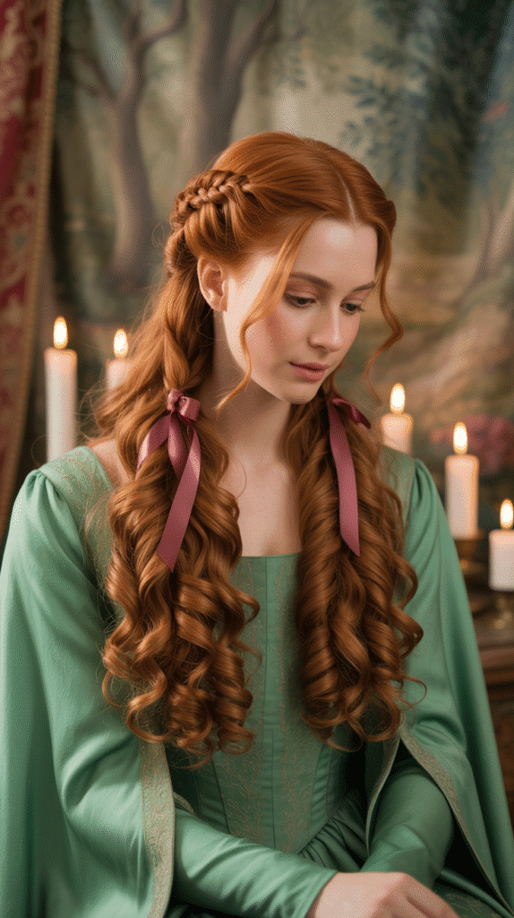 30 Romantic Medieval Hairstyles for Princesses with Curls 4 The Double Side Braids with Center Part