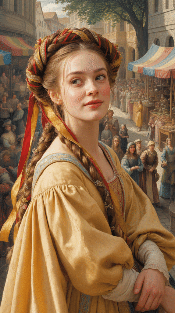 30 Regal Medieval Hairstyles for Princesses and Queens 16 The Twisted Crown with Ribbon Weaving
