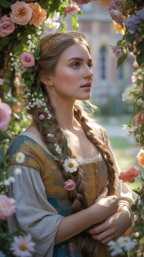 27 Royal Medieval Hairstyles for Princesses with Crowns 16 The Fresh Flower-Studded Style
