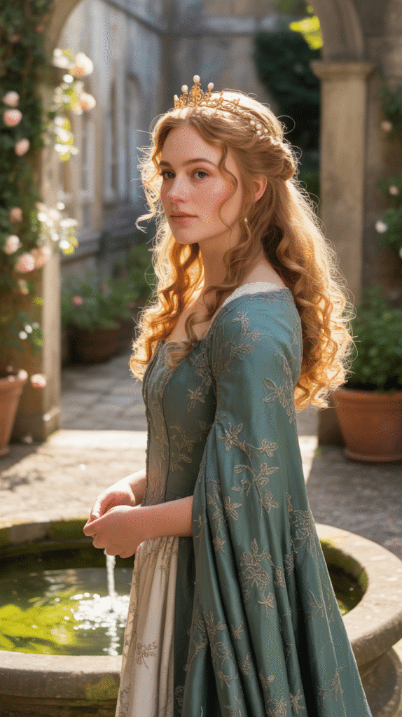 30 Romantic Medieval Hairstyles for Princesses with Curls 2 The Half-Up Twisted Coronet