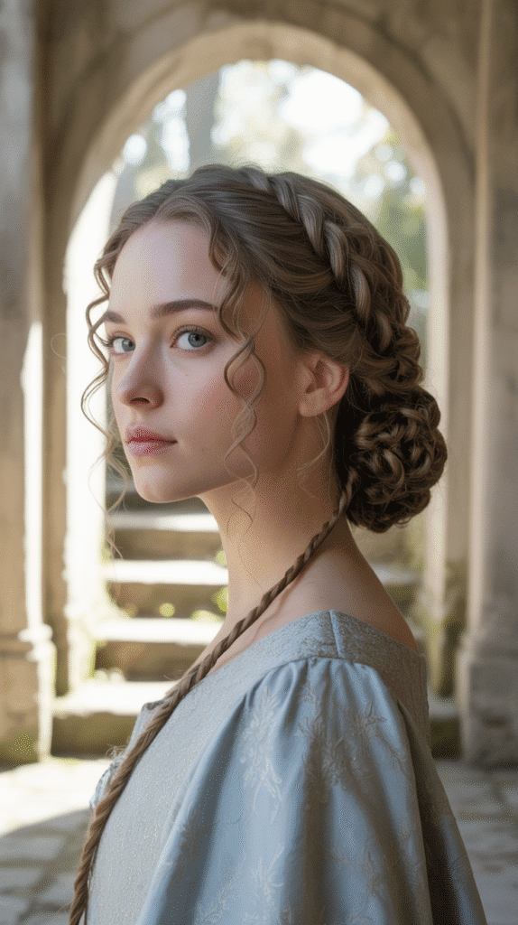 30 Romantic Medieval Hairstyles for Princesses with Curls 8 The Low Curly Bun with Face-Framing Braids