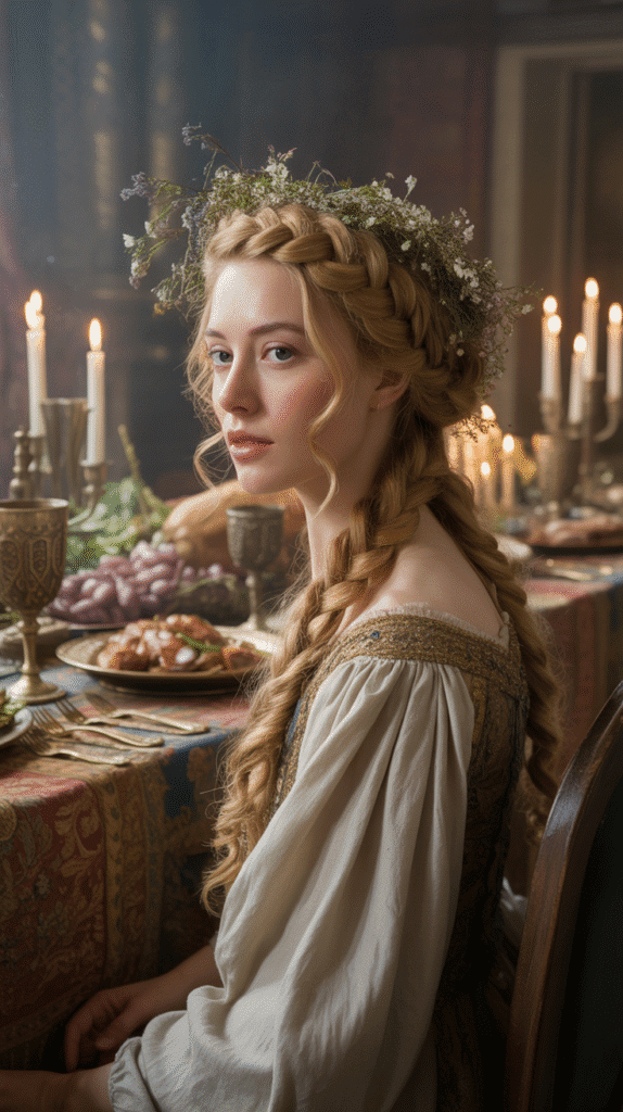 27 Elegant Medieval Updo Hairstyles for Princesses 23 The Plaited Crown with Loose Curls