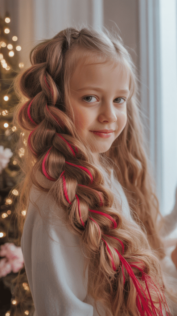 30 Cute Christmas Party Hairstyles for Kids That Are Adorable 21 Waterfall Braid with Ribbons