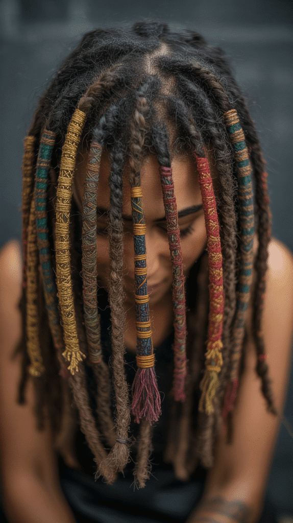 30 Beautiful Medium Dreadlock Styles for Black Women That Stand Out 21 Wrapped Medium Locs