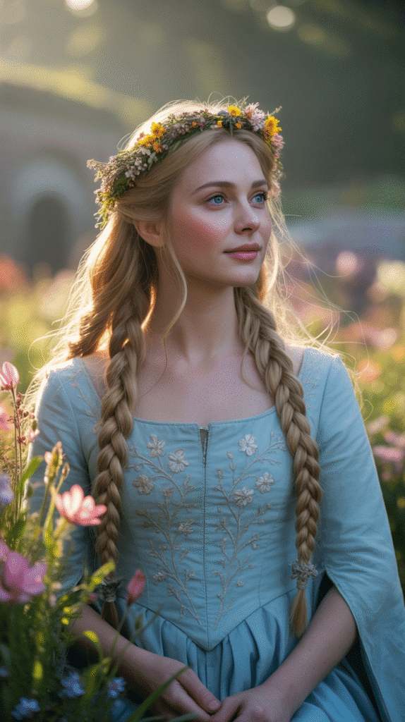 30 Regal Medieval Hairstyles for Princesses and Queens 18 The Milkmaid Braids with Floral Crown
