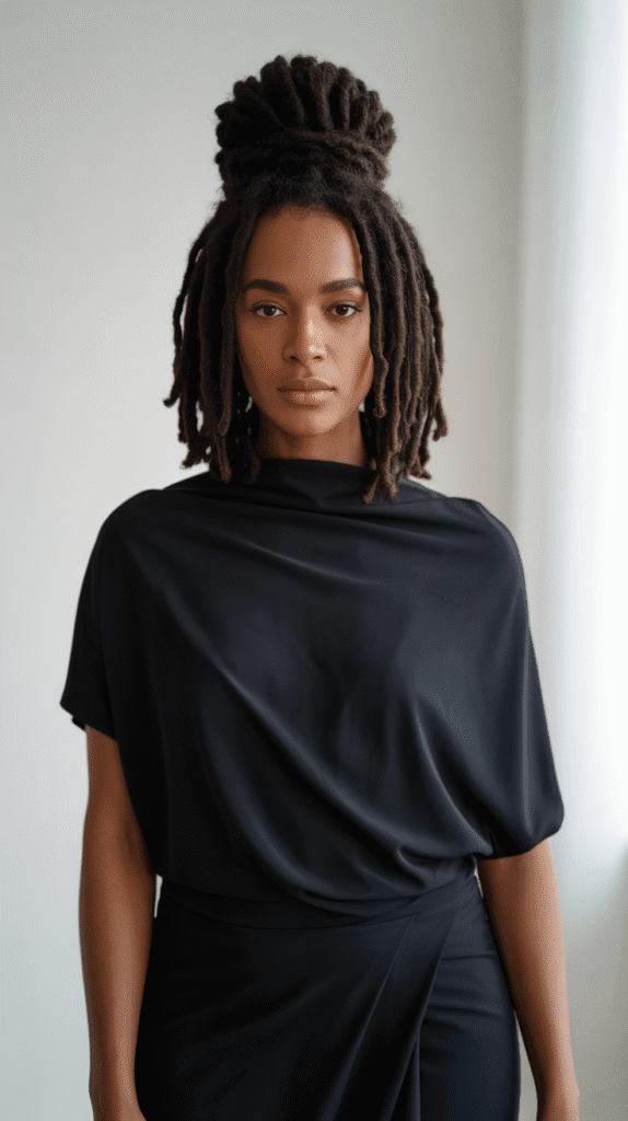 30 Beautiful Medium Dreadlock Styles for Black Women That Stand Out 15 High Bun with Medium Locs