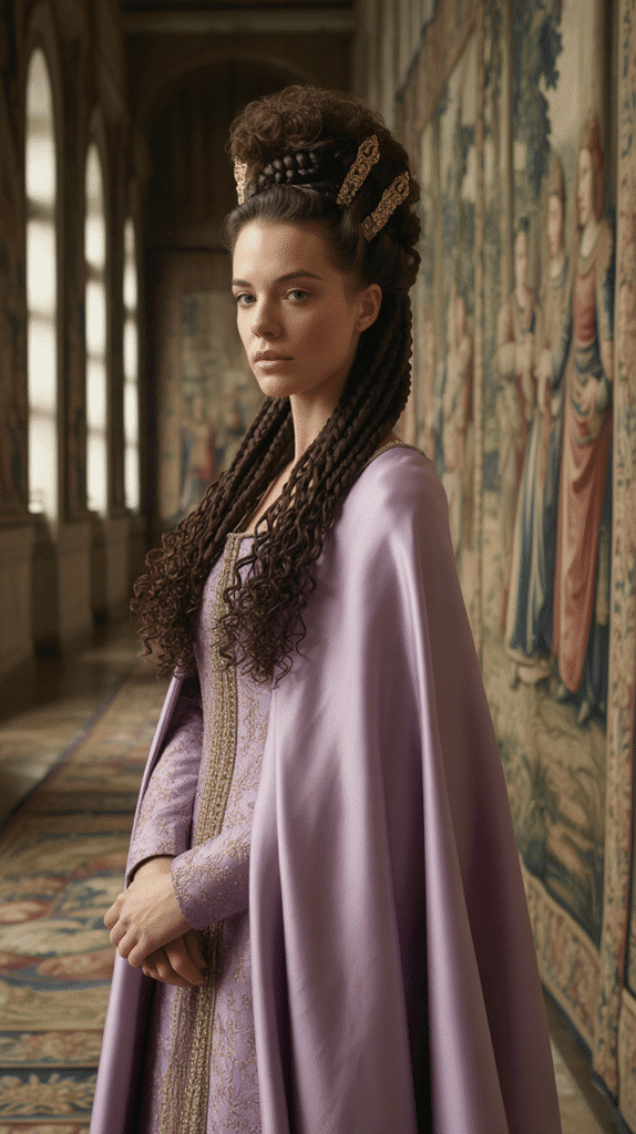 30 Romantic Medieval Hairstyles for Princesses with Curls 28 The Crossed Braids Updo with Curly Top Knot