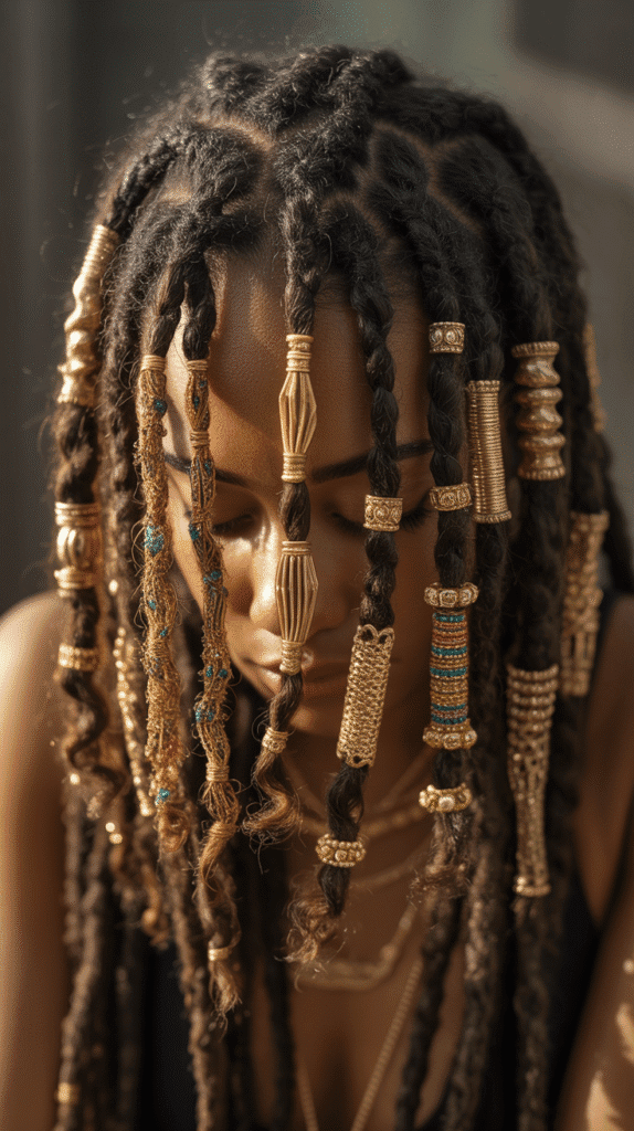 30 Beautiful Medium Dreadlock Styles for Black Women That Stand Out 13 Medium Locs with Gold Loc Jewelry