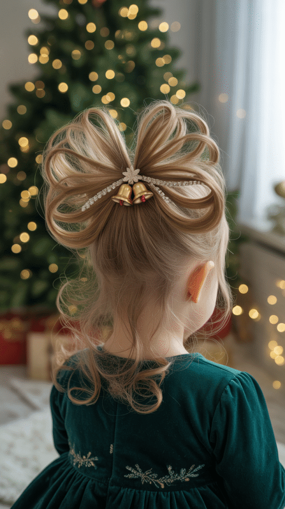 30 Cute Christmas Party Hairstyles for Kids That Are Adorable 9 Half-Up Christmas Bow Style