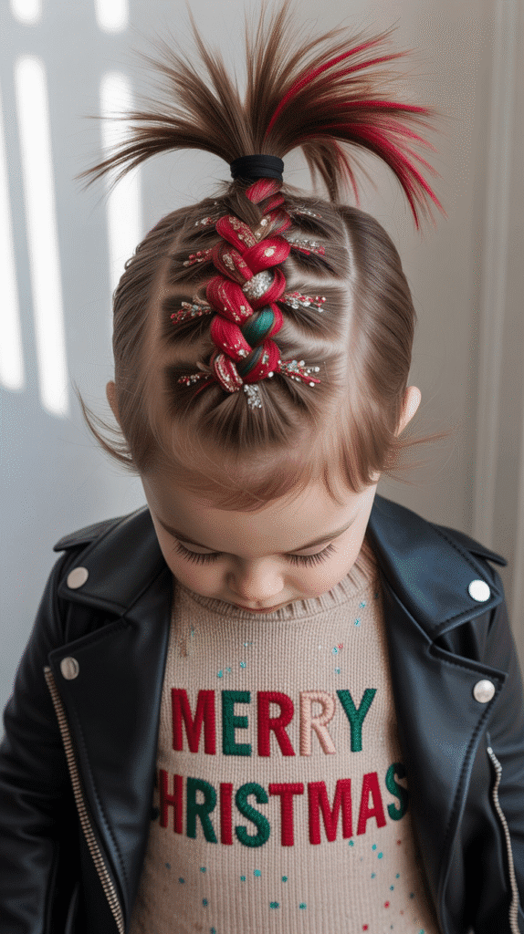 30 Cute Christmas Party Hairstyles for Kids That Are Adorable 26 Mohawk Braid with Glitter