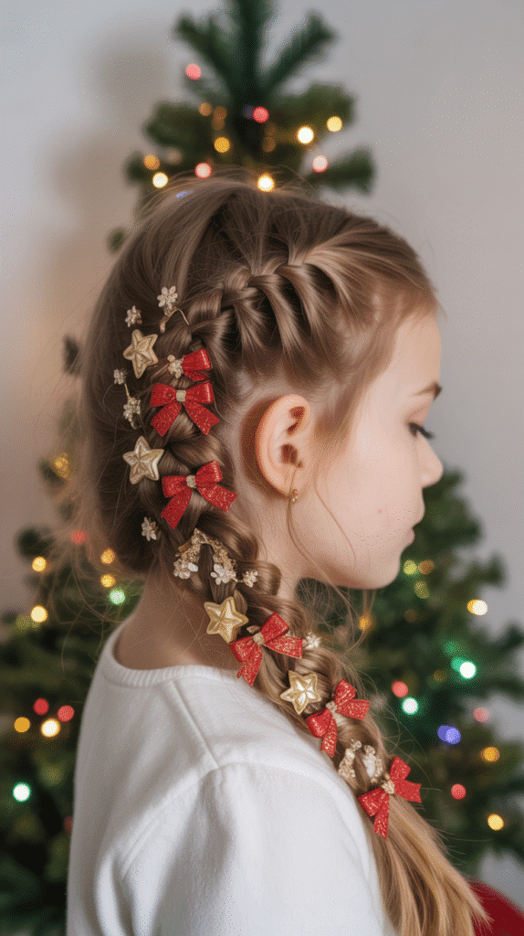 30 Cute Christmas Party Hairstyles for Kids That Are Adorable 10 Twisted Rope Braid with Ornament Clips