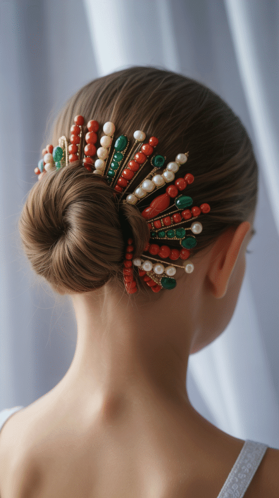 28 Fun Christmas Hairstyles for Kids with Beads Full of Holiday Spirit 9 Twisted Bun with Beaded Hairpins