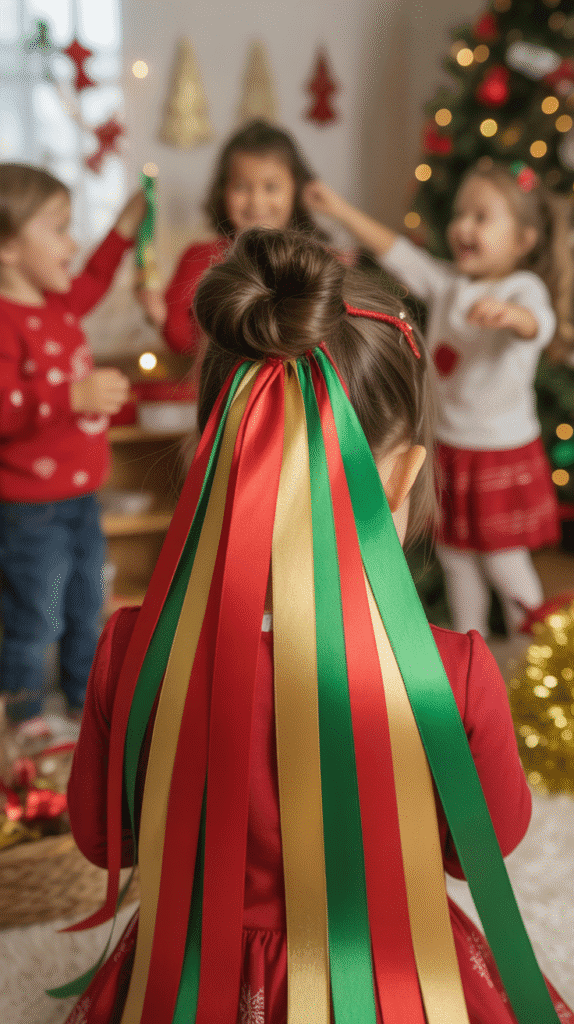 30 Cute Christmas Hairstyles for Girls Perfect for Holiday Parties 18 Top Knot with Ribbon Streamers