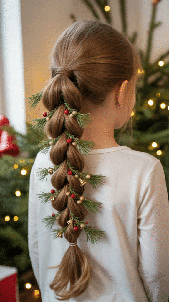 30 Cute Christmas Hairstyles for Girls Perfect for Holiday Parties 23 Rope Braid Ponytail with Garland Wrap
