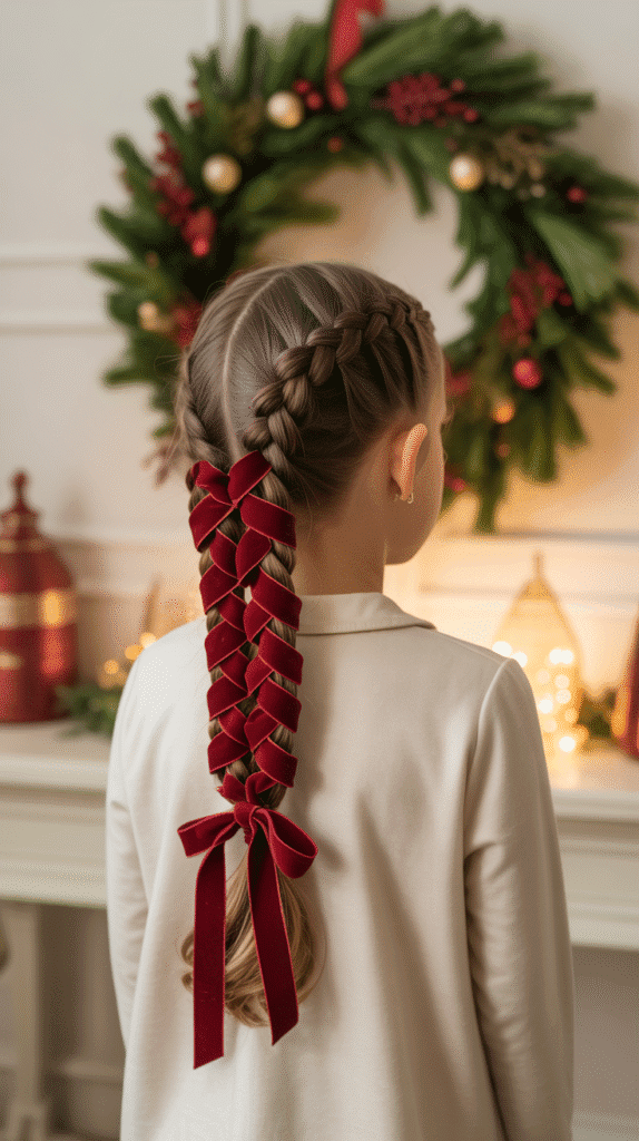 30 Cute Christmas Party Hairstyles for Kids That Are Adorable 12 French Braid with Ribbon Lacing