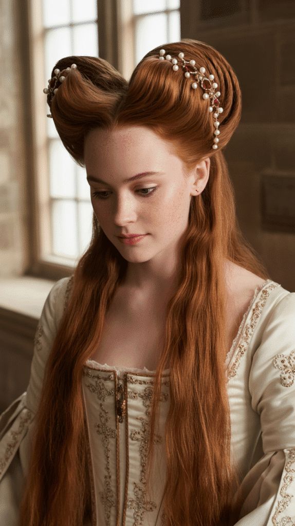 33 Step-by-Step Medieval Hairstyles for Princesses 31 The Elizabethan Heart-Shaped Hairline