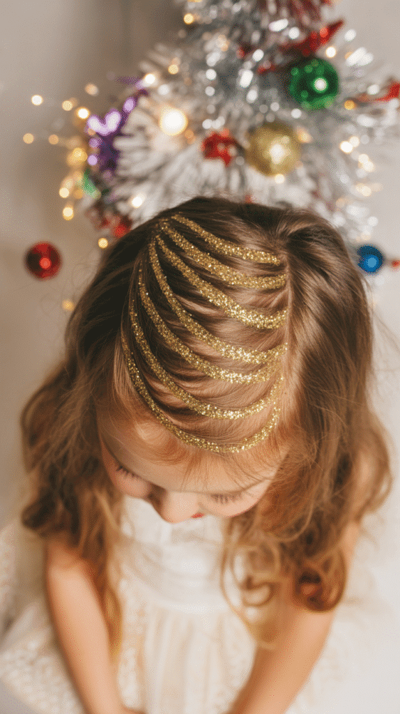 30 Cute Christmas Party Hairstyles for Kids That Are Adorable 15 Zigzag Part with Glitter Roots