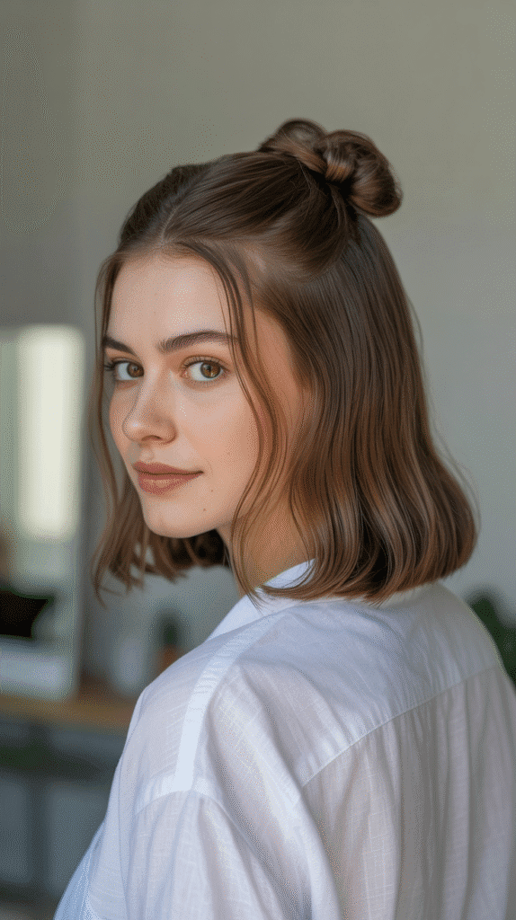 33 Easy French Hairstyles for Short Hair That Look Modern and Fresh 4 The Half-Up French Knot