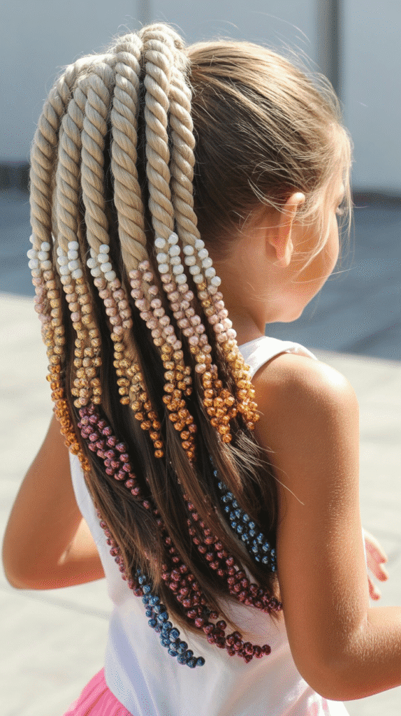 33 Fun Braided Hairstyles for Kids with Beads 29 Rope Twist Ponytail with Gradient Beads