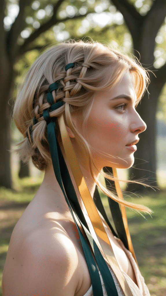 27 Magical Elf Hairstyles for Short Hair Perfect for Cosplay or Holidays 23 Ribbon-Woven Braided Style