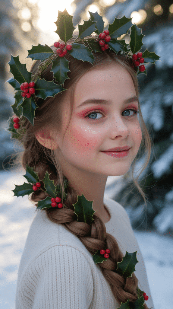 25 Cute Christmas Elf Hairstyles to Rock This Holiday Season 2 Braided Crown with Holly Accents