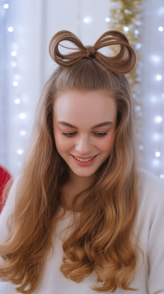 27 Easy Christmas Party Hairstyles for Long Hair Perfect for the Holidays 23 Half-Up Bow Bun