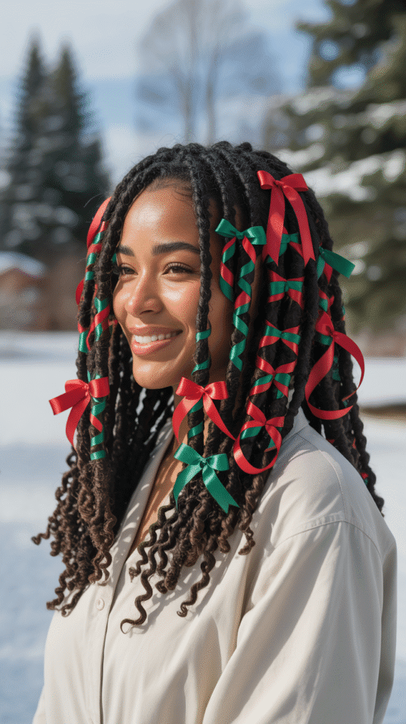 27 Festive Christmas Hairstyles for Black Girls That Shine Bright 5  Goddess Locs with Red and Green Ribbons