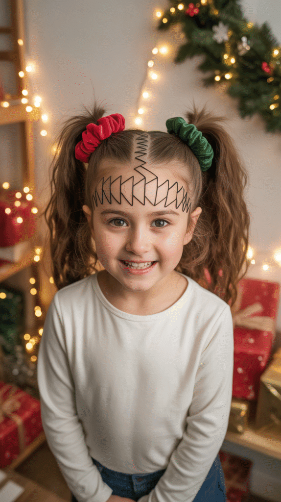 30 Cute Christmas Hairstyles for Girls Perfect for Holiday Parties 25  Zigzag Part with Dual Ponytails