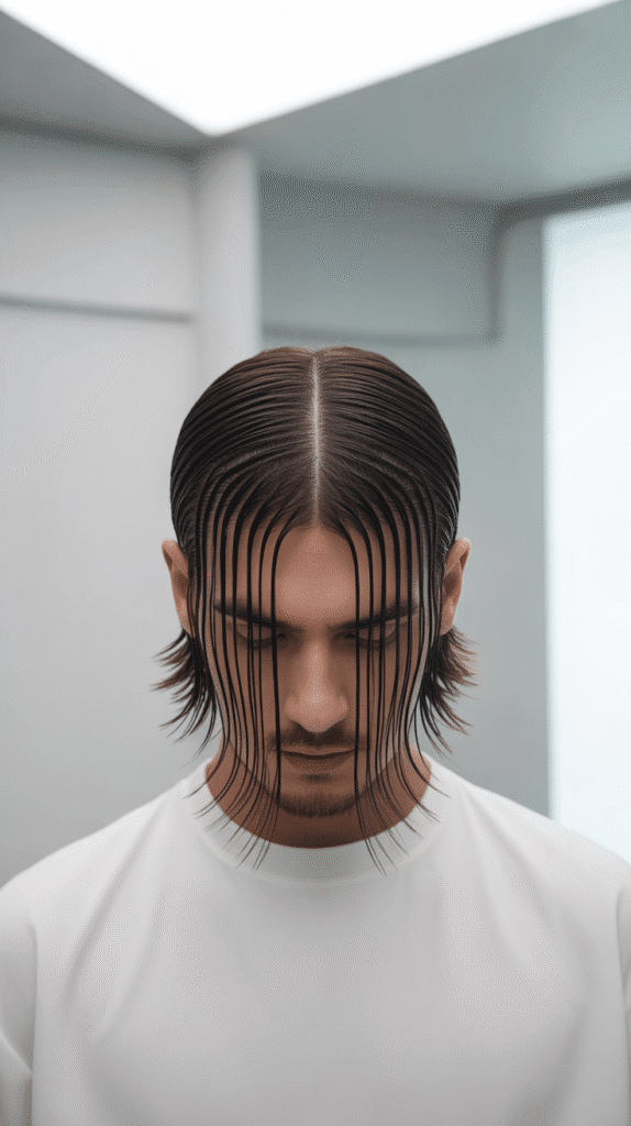 28 Stylish Elf Hairstyles for Men That Look Bold and Mystical 16 Sharp Middle Part with Straight Hair