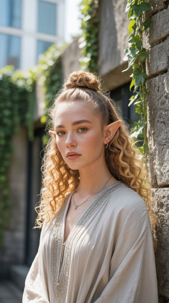 27 Gorgeous Elf Hairstyles for Curly Hair Full of Fantasy Charm 10 Half-Up Top Knot with Flowing Curls