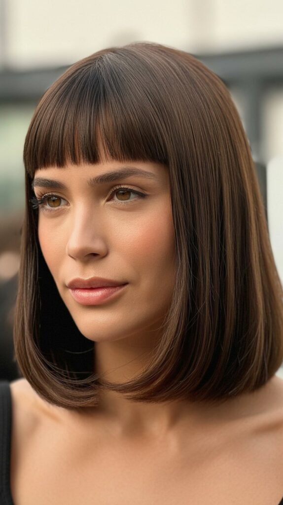 . Crimped Hair with Blunt Bangs