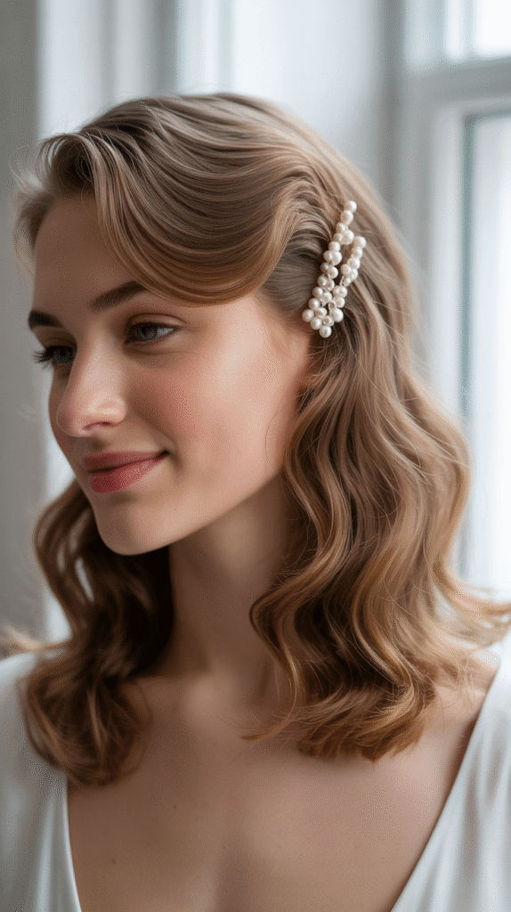 30 Dreamy Whimsical Hairstyles for Medium-Length Hair You'll Fall in Love With 13 Pinned Back Waves with Pearl Accessories